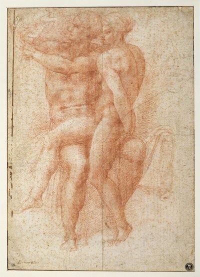 Mujer desnuda sentada en las rodillas de un hombre desnudo sentado: Adán y Eva de Michelangelo Buonarroti
